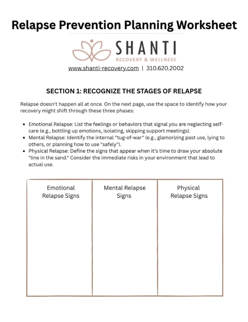 Relapse Prevention Worksheet - 1 - Shanti Recovery and Wellness