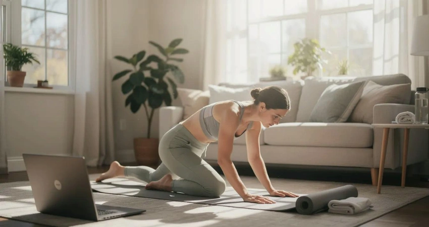 Image of a Woman in athletic wear kneels on a yoga mat in a bright living room, following a Virtual IOP session