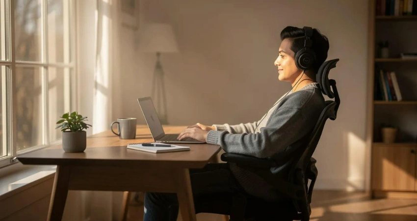 Image of a person attending a Virtual IOP session on a laptop in a sunlit home office