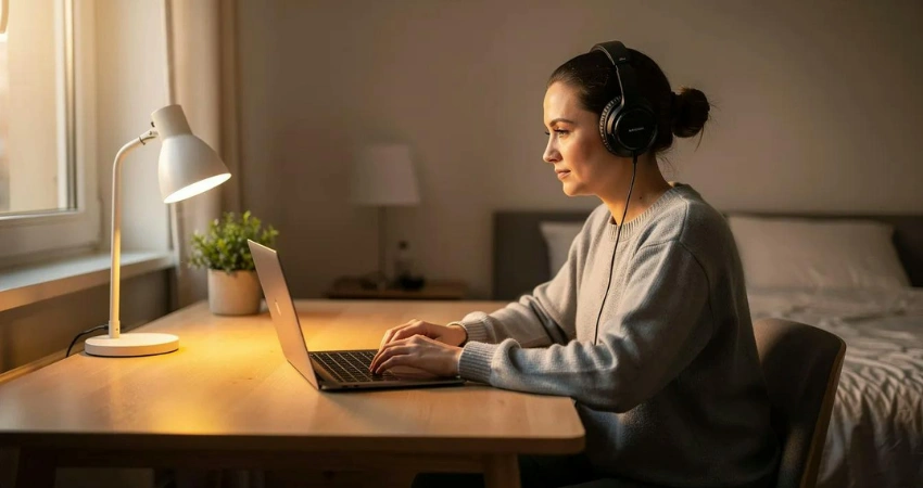 Image of a woman attending virtual IOP session on laptop from home with headphones