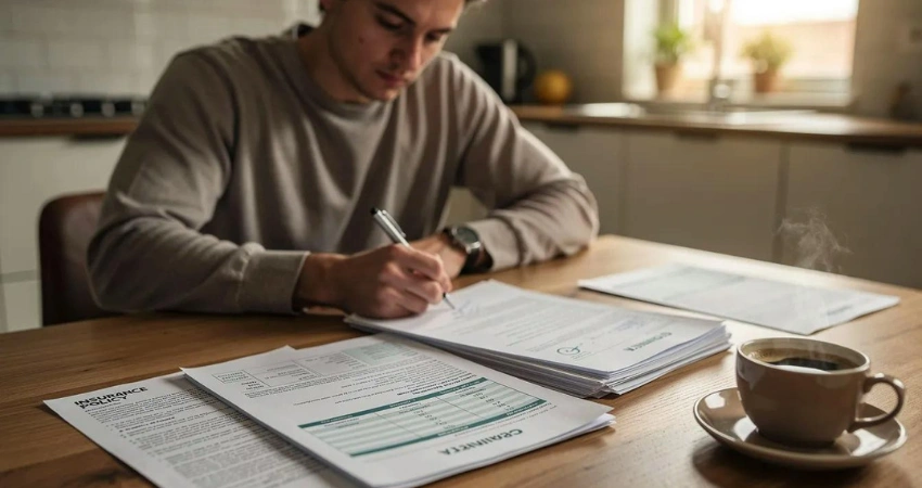 Image of man reviewing insurance paperwork with stacked documents and coffee
