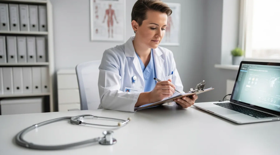 Image of a female doctor in a white lab coat sitting at her desk reviewing medical notes on a clipboard near a laptop