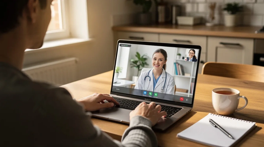 Image of a patient having an virtual telehealth consultation on a laptop with a doctor