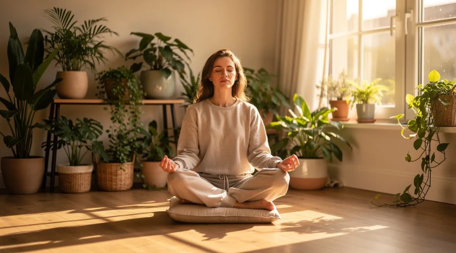 Image of a person is meditating peacefully in a sunlight room