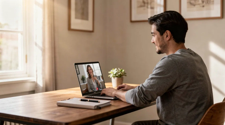 Image of a person is seated at a desk in a serene and well-lit home office, engaging in a video call on a laptop