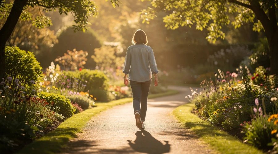 Image of a person walks along a sunlight path in a serene garden, symbolizing their journey towards recovery