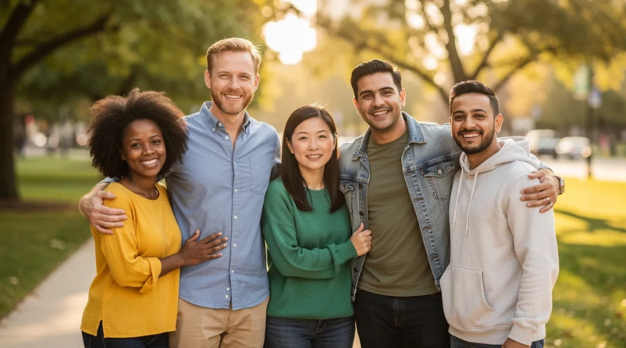 Image of a small group of diverse individuals stands together in a park