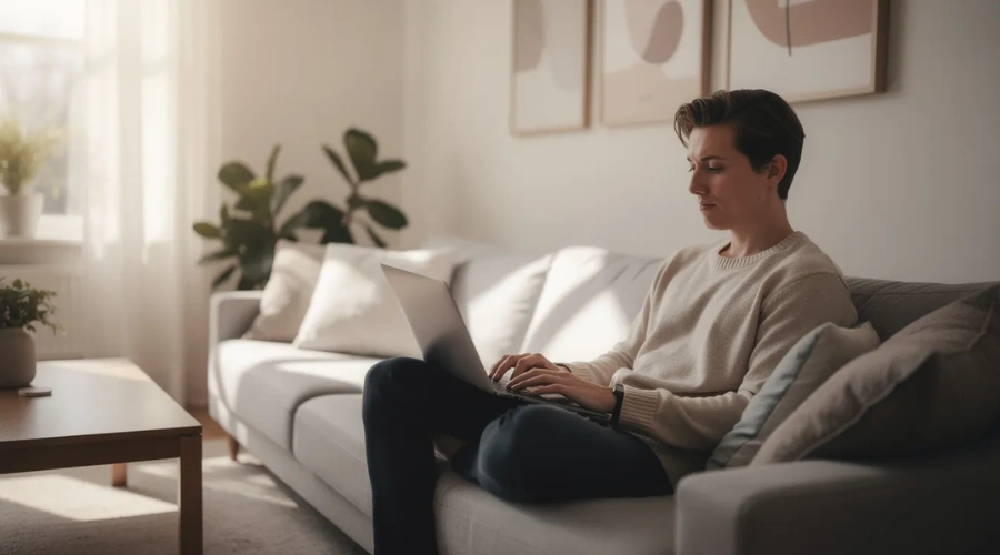 Image of a thoughtful person sits calmly with a laptop in a well-lit living room