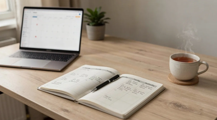 Image of the image shows a weekly planner open on a tidy desk beside a laptop and a cup of tea